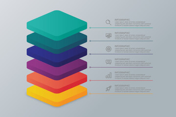 6-Layer 3D Square Chart Template with Icons. Modern Infographic for Business Presentation.