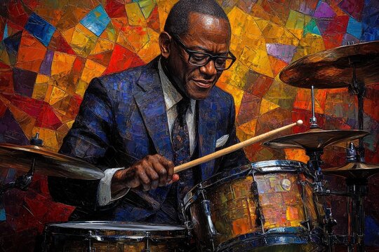 A Black male drummer passionately plays a vibrant drum set, set against a colorful mosaic background, exuding rhythm and energy.