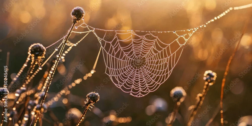 Wall mural delicate spider s web adorned with gleaming morning dew drops, showcasing the intricate beauty of th