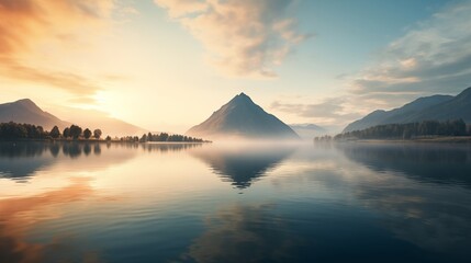 Obraz premium Serene Sunrise Over Misty Mountain Lake