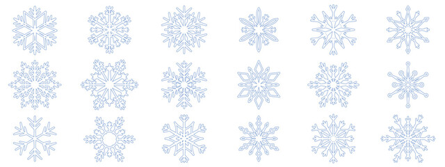 Diverse snowflakes icons Collection. Set of linear snowflake icons of different shapes on white background. Frozen silhouettes of crystal snowflakes in thin lines style.