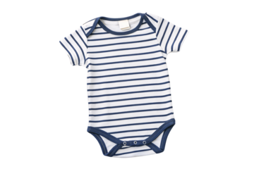 A white baby onesie with navy blue horizontal stripes and snap buttons. A classic and adorable design perfect for a stylish and comfortable baby outfit