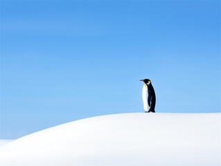 A lone penguin stands on pristine white snow under a vibrant blue sky, embodying simplicity and the beauty of Antarctic wilderness.
