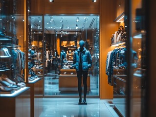A mannequin stands in a brightly lit storefront window display, showcasing winter fashion.
