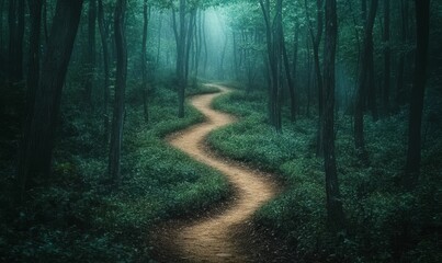 Obraz premium Misty forest path winds through green undergrowth.