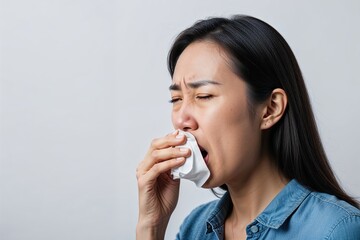 Young Asian Woman Coughing Flu Symptoms Isolated on White Background
