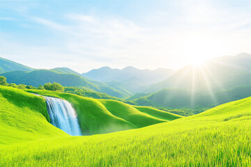 Obraz premium Rolling green hills with a waterfall cascading in sunlight, surrounded by lush grass and a bright sky. A serene and natural landscape perfect for relaxation.