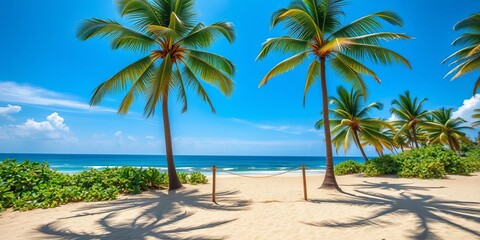 Fototapeta premium Tropical beach scene with lush coconut trees against the backdrop of a sunny summer sky, vacation, sand