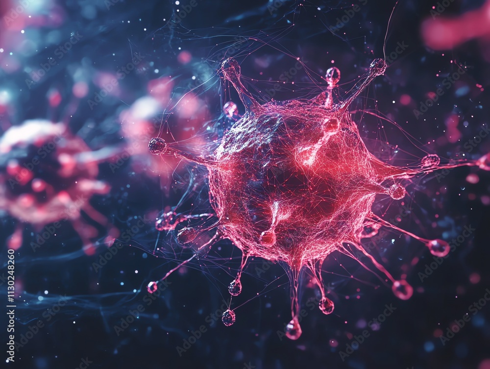 Poster a microscopic rendering of a virus particle with a blue and pink color scheme.
