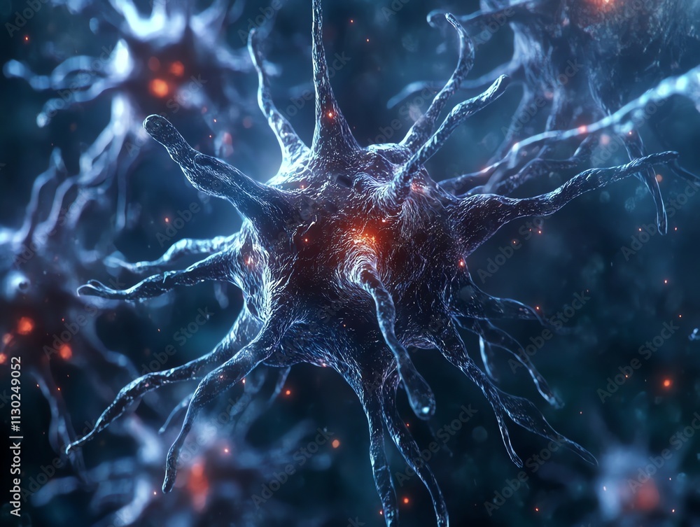Poster a microscopic view of a group of blue and red spiky cells with an orange glow, floating in a dark bl