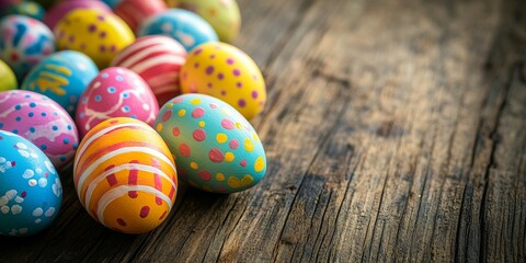 Fototapeta premium Vibrantly painted colorful Easter eggs displayed on a wooden surface, showcasing intricate designs and bright hues that capture the festive spirit of the Easter season.