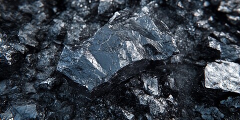 Closeup macro image of black lead zinc ore showcasing its unique irregular texture, reflecting the cold beauty of natural resources and the innovative approach of generative algorithm spatial design.