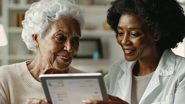 Caregiver Teaching Elderly Woman to Use Tablet for Video Calls