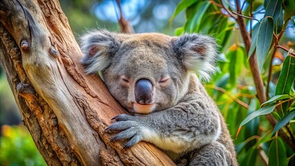 Fototapeta premium Adorable Koala Sleeping in Grey Gum Tree - Australian Wildlife Photography