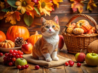 Adorable Orange Tomcat Held by a Figurine: Stunning Food Photography with Autumnal Theme