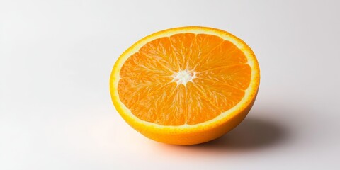 Fototapeta premium Half an orange displayed in isolation on a white background, showcasing the vibrant color and texture of the orange. This half orange provides a fresh and inviting visual element.