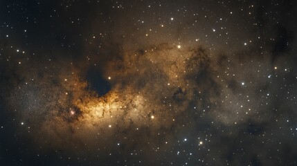 Fototapeta premium Dark cosmic scene; gold nebula, scattered stars.