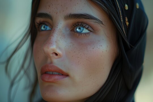 A close-up portrait of a young woman with striking blue eyes and natural beauty.