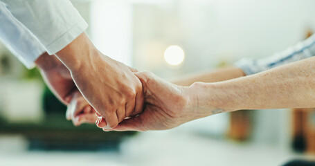 People, holding hands and support for healthcare with love, care and trust. Patient, caregiver or...