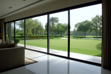 Fototapeta premium Modern living room, floor to ceiling windows, golf course view.