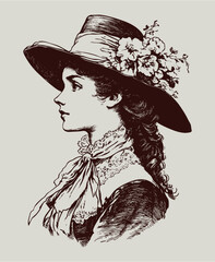 Victorian Woman in Profile with Floral Hat and Lace Scarf