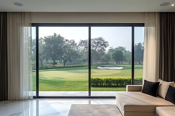 Modern living room golf course view through large windows