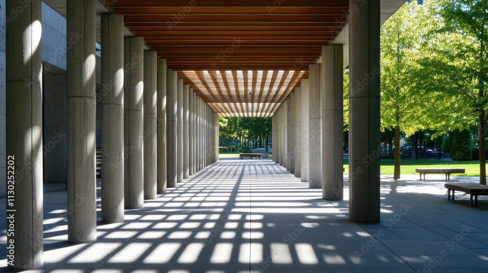 Poster a modern architectural passageway with columns and shadows, surrounded by greenery.