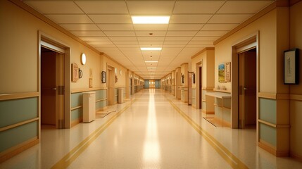 quiet and well-lit hospital corridor, with calming colors and artwork, designed to provide a soothing environment for patients and staff