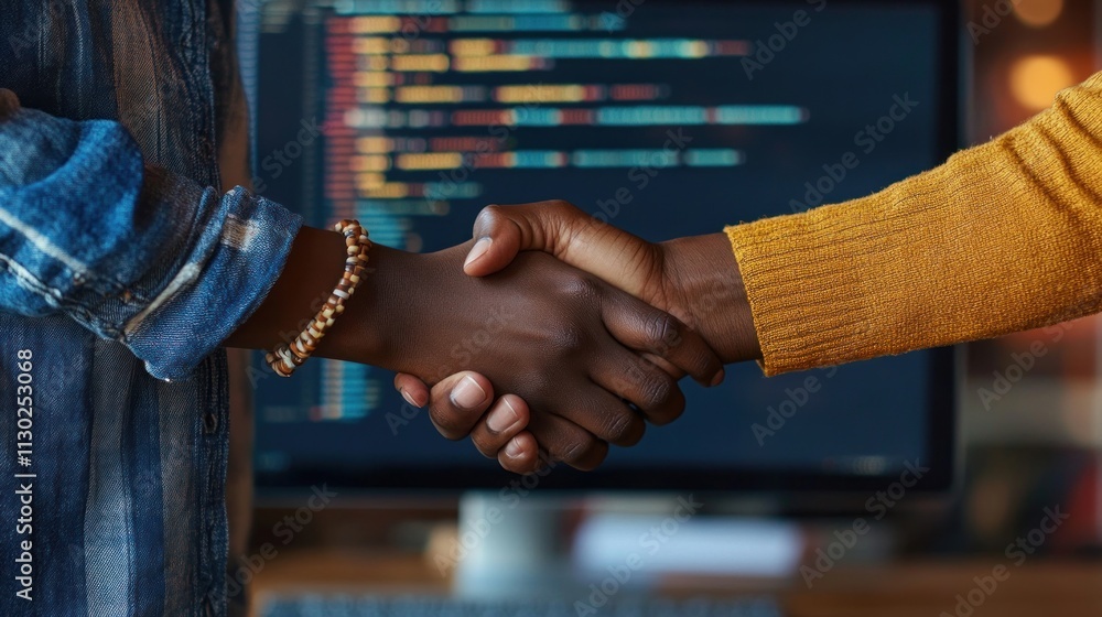 Aufkleber Two hands shaking in front of a computer screen displaying code, symbolizing collaboration.