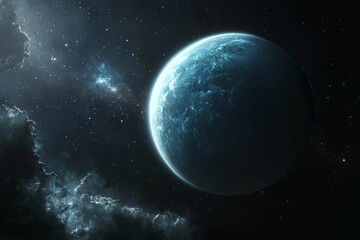 Obraz premium Glowing blue planet, cosmic dust, dark space.