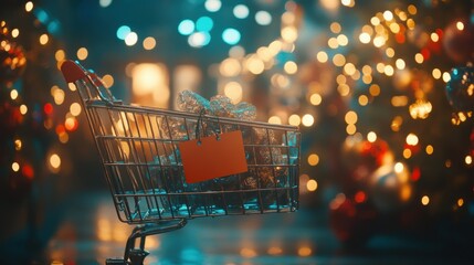 Miniature Shopping Cart Holds Festive Gifts Against Blurred Christmas Lights