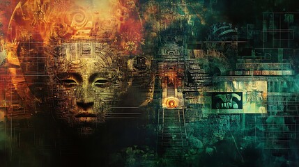 Obraz premium Cybernetic Mayan Mask and Architectural Collage in Abstract Digital Painting