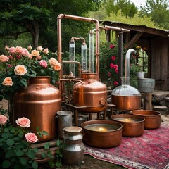 "Crafting Tradition: Rose Water Distillation in a Rustic, Timeless Environment"