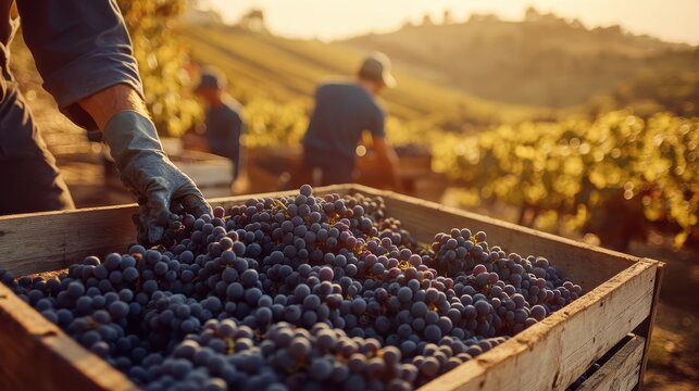 Harvesting Grapes at Sunset: A Golden Hour in the Vineyard - Powered by Adobe