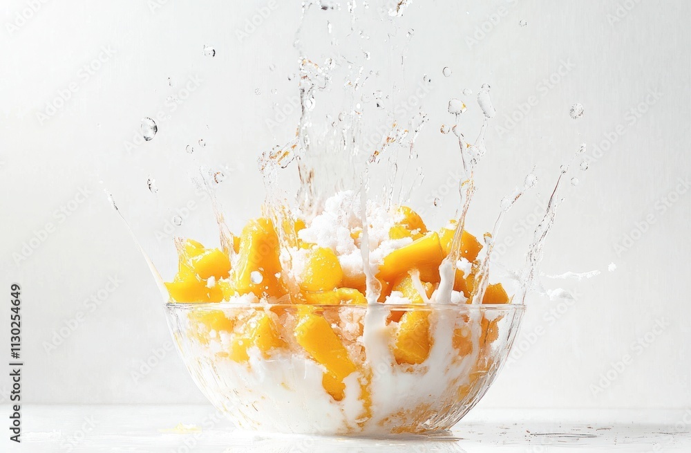 Poster A bowl of peaches splashing into cream, creating a vibrant and dynamic scene.