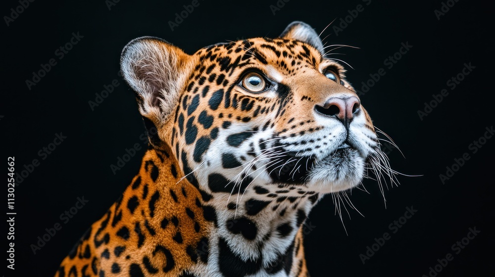 Aufkleber a close-up portrait of a jaguar with striking features against a dark background.