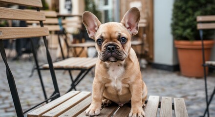 Fototapeta premium Adorable french bulldog puppy sitting on outdoor patio furniture