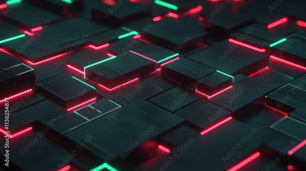 Aufkleber abstract digital landscape with glowing red and green lines on dark blocks.