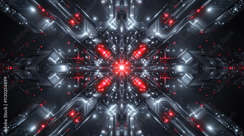 Poster Abstract digital design featuring symmetrical patterns with red and white lights.
