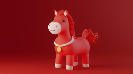 Obraz premium Cheerful Red Horse Figurine Celebrating Chinese New Year with Vibrant Backdrop Ideal for Festive Decorations and Cultural Themes