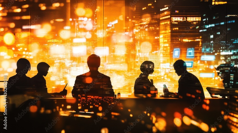 Poster silhouetted figures in a cityscape, discussing in a modern setting with vibrant lights.