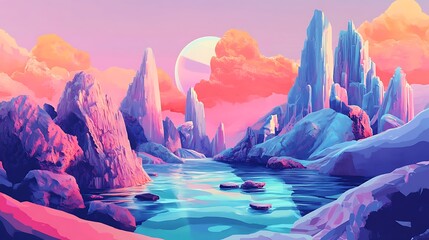 Surreal Vibrant Landscape: Pink and Blue Mountains Meet a Calm Azure Lake Under a Pastel Sky