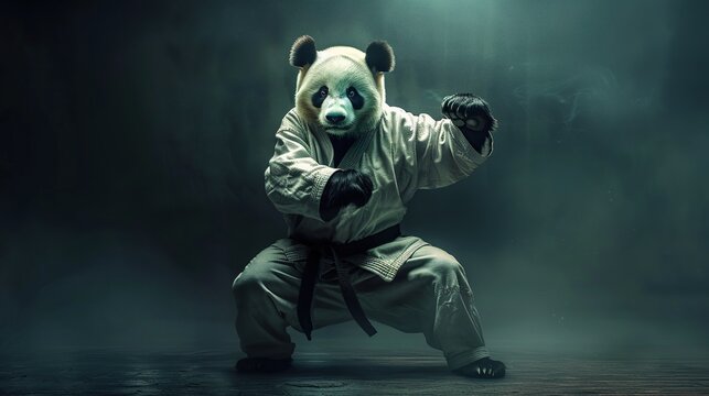 Powerful panda in karate gi, black belt, fighting stance, dramatic lighting, smoky background.