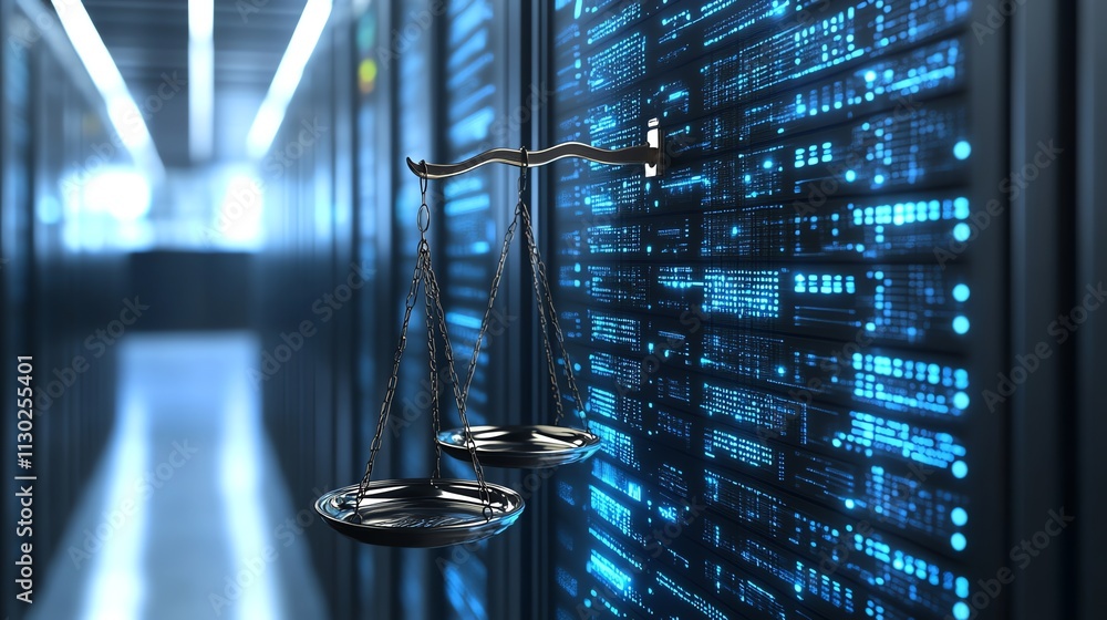 Poster a pair of scales hang in front of a server rack, representing the legal implications of data.