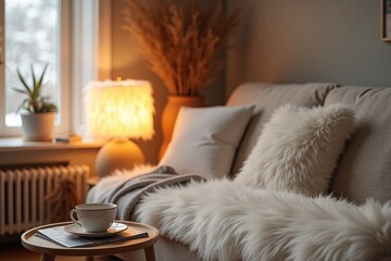 Scandinavian, hygge interior design of cozy modern living room with soft glowing fur, fluffy lamp, cup on wooden side table and natural decorative elements, including soft pillows and warm lighting.
