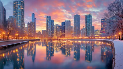 Naklejka premium A panoramic view of a city skyline with skyscrapers reflecting in a calm river at sunrise. The sky is a mix of pink, orange, and blue.