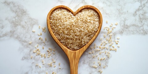 Heart shaped spoon holding long grain rice creates a charming flat lay display. This captivating long grain rice arrangement enhances the visual appeal, showcasing the versatility of long grain rice.