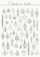 Vintage Christmas baubles and ornaments set. Doodle vector illustration for winter greeting cards, posters, stickers and seasonal design.