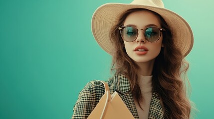 Fototapeta premium Stylish young woman in a straw hat and sunglasses, holding a bag, against a teal background. Perfect for fashion, travel, or summer themes.