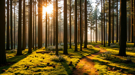 Tranquil pine forest illuminated by soft golden sunlight, featuring majestic evergreen trees, a moss-covered trail, scattered pinecones, and rays of light streaming through the serene natural canopy